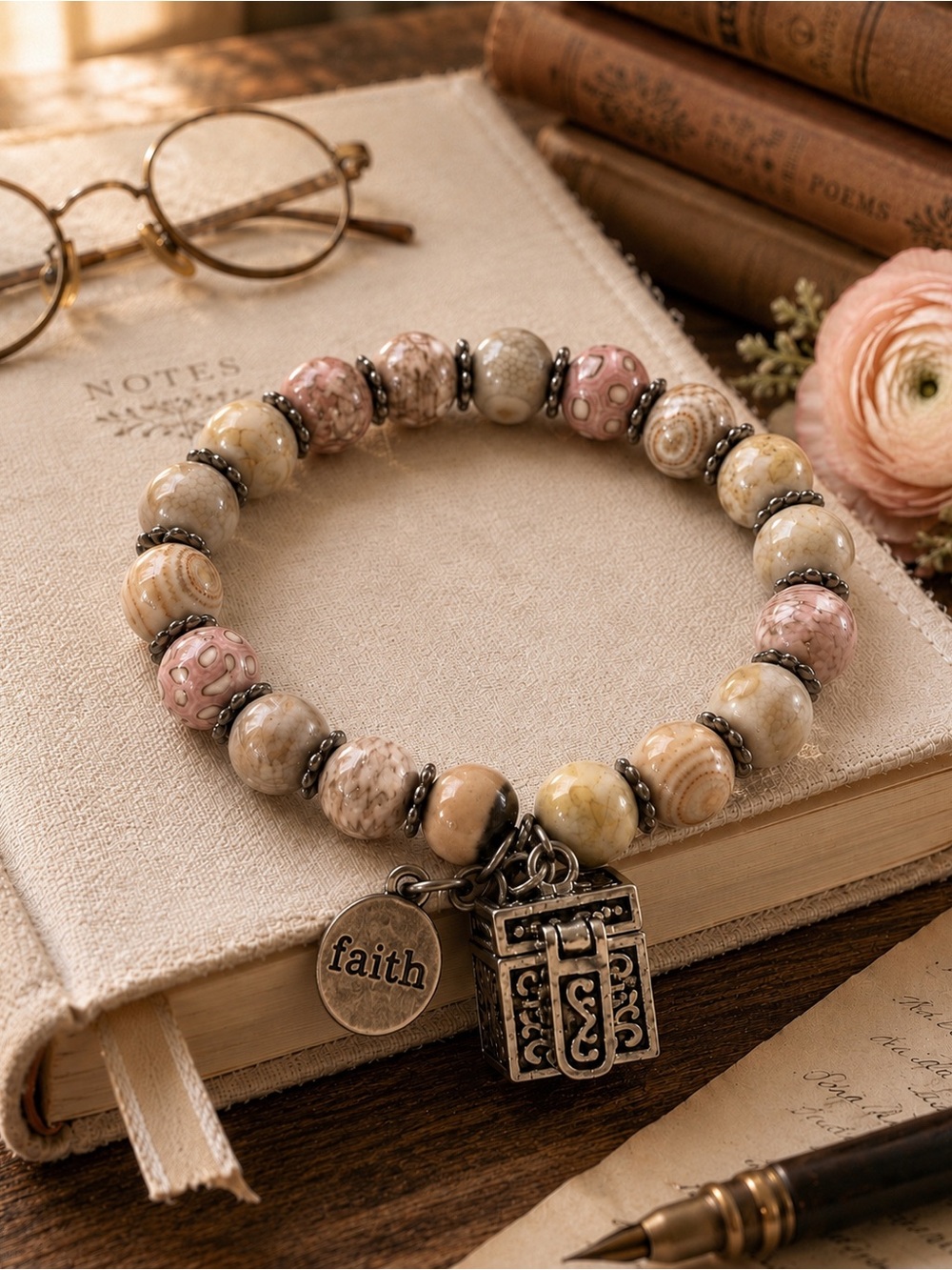 JILZARAH Faith Charm Stretch Bracelet Pink Treasure Chest Beaded